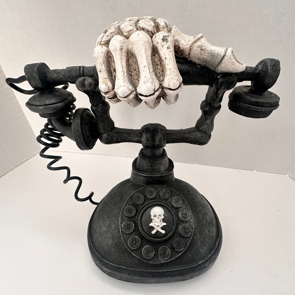 11" Black Resin Spooky Telephone w/ Sound Sensor Halloween Tabletop Decor